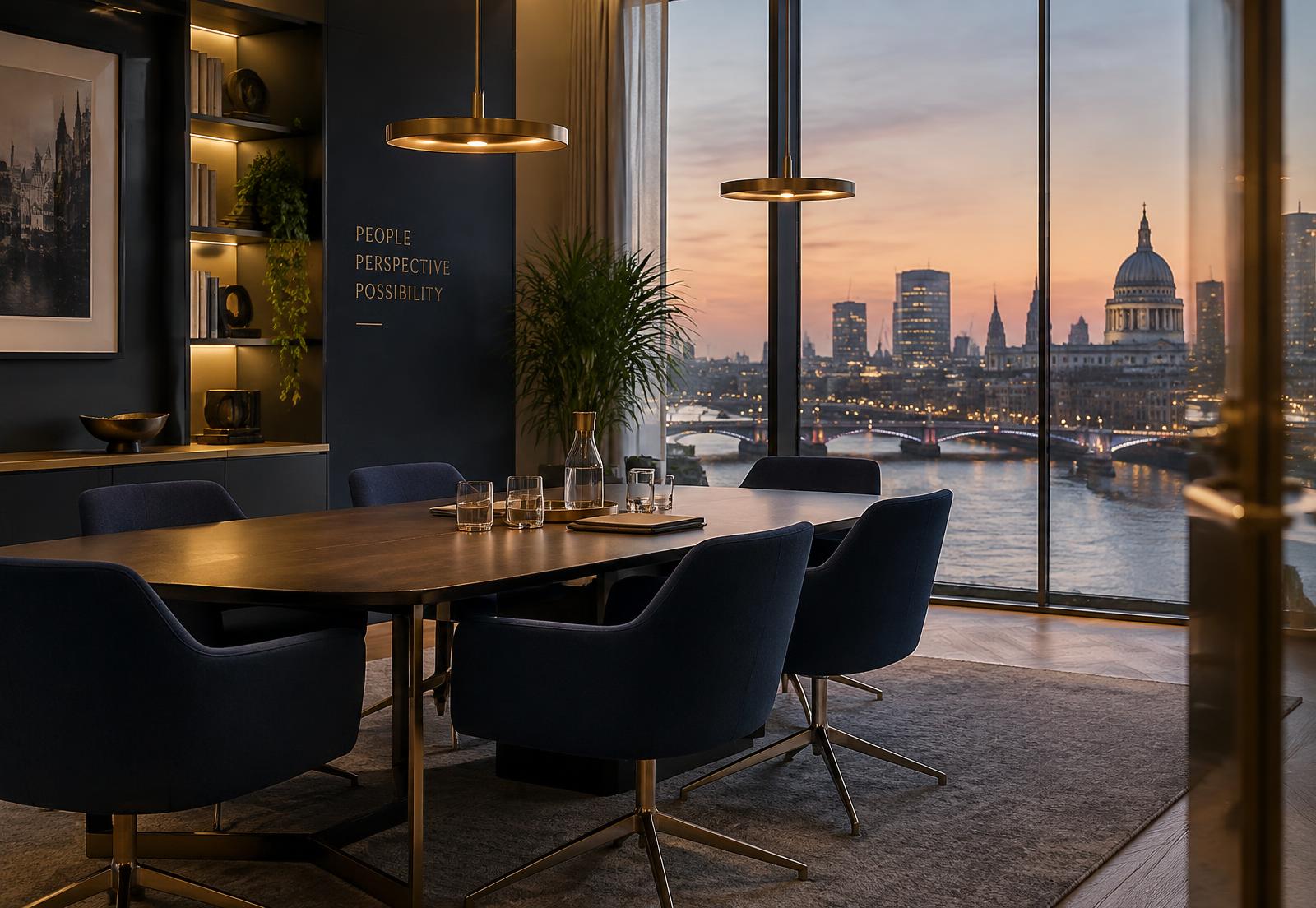 A quiet boardroom overlooking the City of London at dusk
